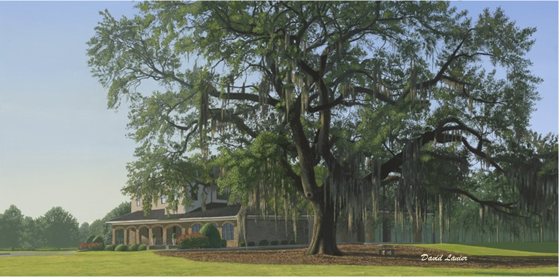 David Lanier painting of bank with oak tree in foreground